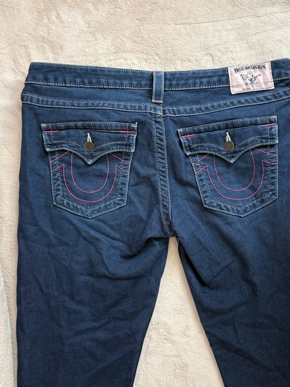 True Religion skinny Dark Blue Jeans with Pink Stitching